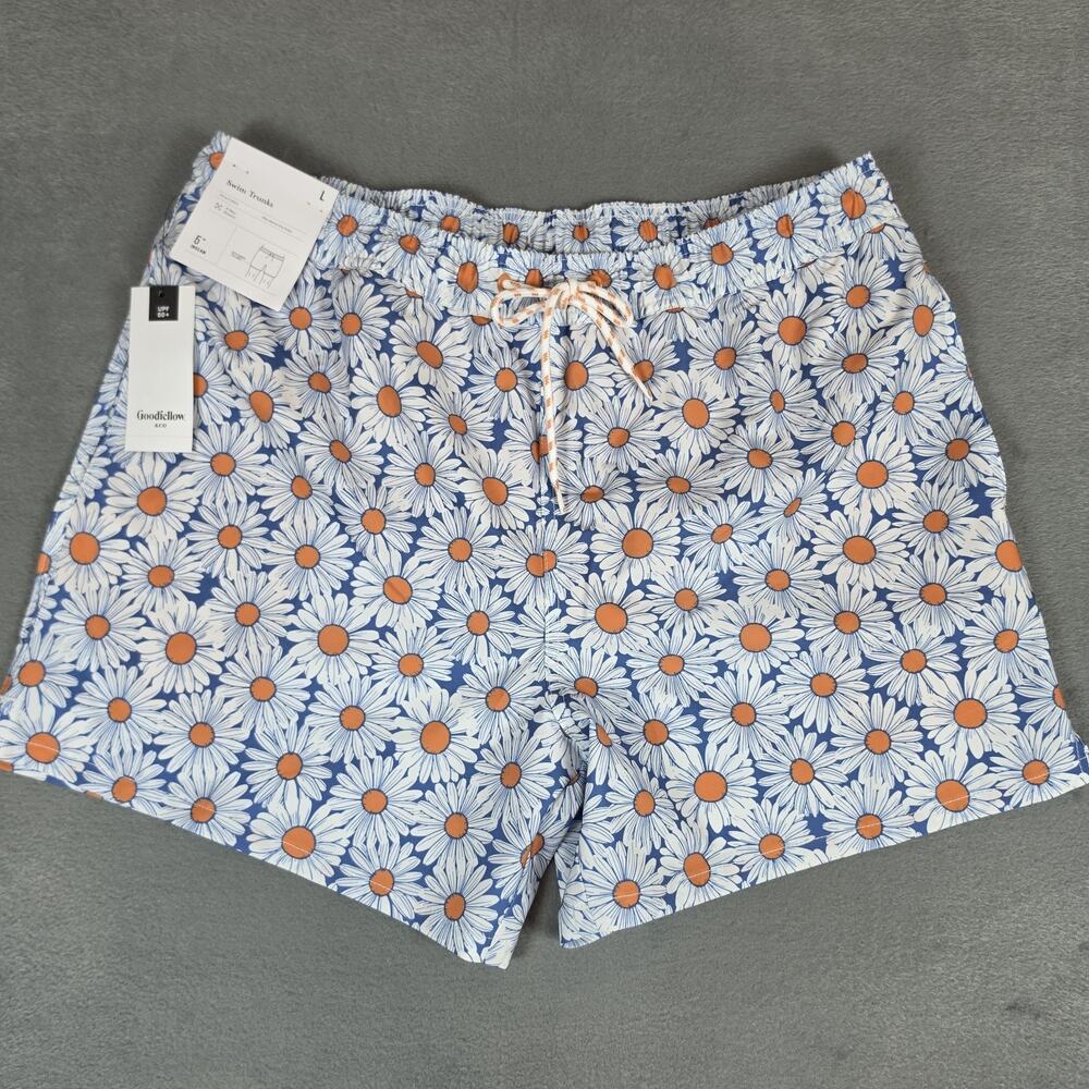 Goodfellow & Co Men's Swim Trunks Large Blue Daisy Floral 5" Inseam UPF 50+ NWT